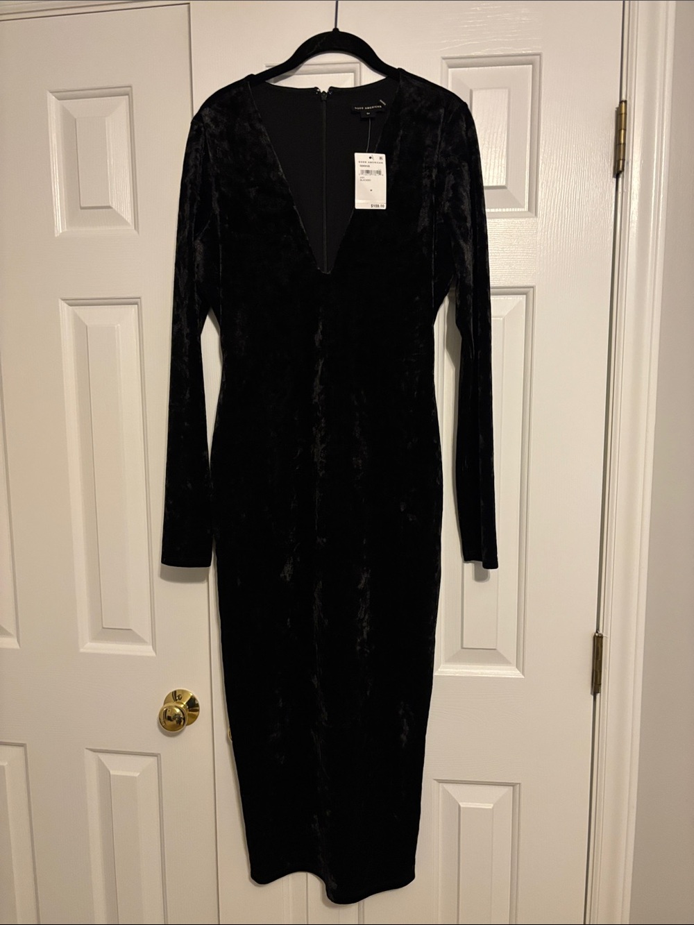 Good American Black Velvet Long-Sleeve V-Neck Midi Dress